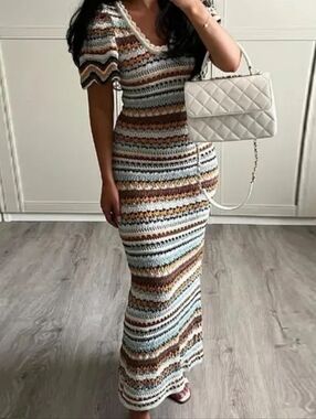 Zara Knit Sweater Dress, Long Dress Striped Print And Curvy Fit S